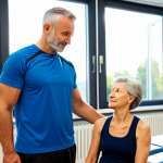 A professional, empathetic physiotherapist gently guides a middle-aged patient through a controlled shoulder rehabilitation exercise in a bright, modern clinic. The patient is fully clothed in modest athletic wear, wearing an appropriate shoulder support sling. The physiotherapist is in professional medical attire. Sunlight streams through large windows, illuminating a clean, organized rehabilitation space with state-of-the-art equipment. The focus is on careful, guided movement and expert care. Perfect anatomy, correct proportions, natural pose, well-formed hands, proper finger count, safe for work, appropriate content, family-friendly, high-quality, professional photography.