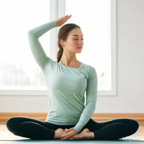 Home 12 어깨 충돌증후군 완화법 - **Prompt 1: Gentle Shoulder Stretch for Daily Relief**
"A serene adult woman in her early 30s, w...