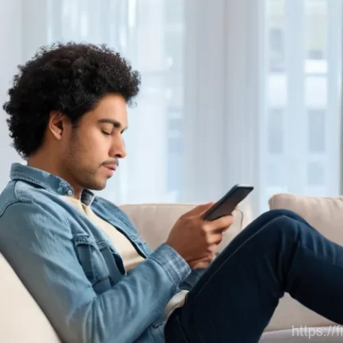 Home 1 목 통증과 거북목 교정법 - **"A person in their late 20s to early 30s, sitting indoors on a couch, gently looking down at a sma...