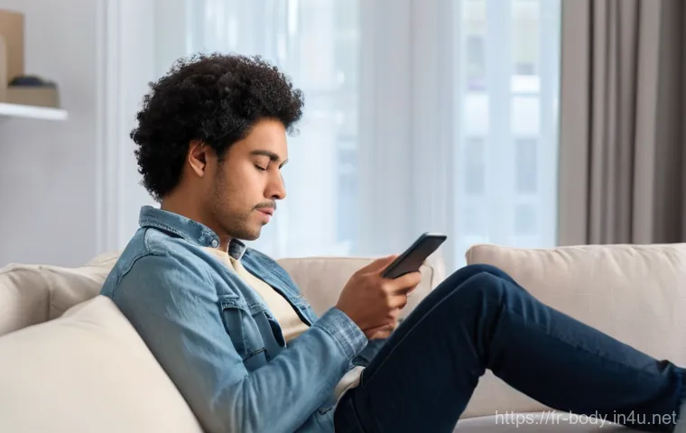 목 통증과 거북목 교정법 - **"A person in their late 20s to early 30s, sitting indoors on a couch, gently looking down at a sma...