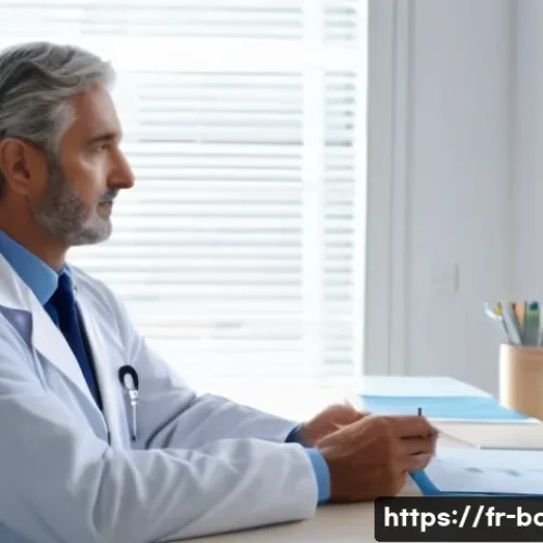 목 통증 보험 적용 치료법 - A detailed medical consultation scene in a modern French general practitioner's office, showing a mi...