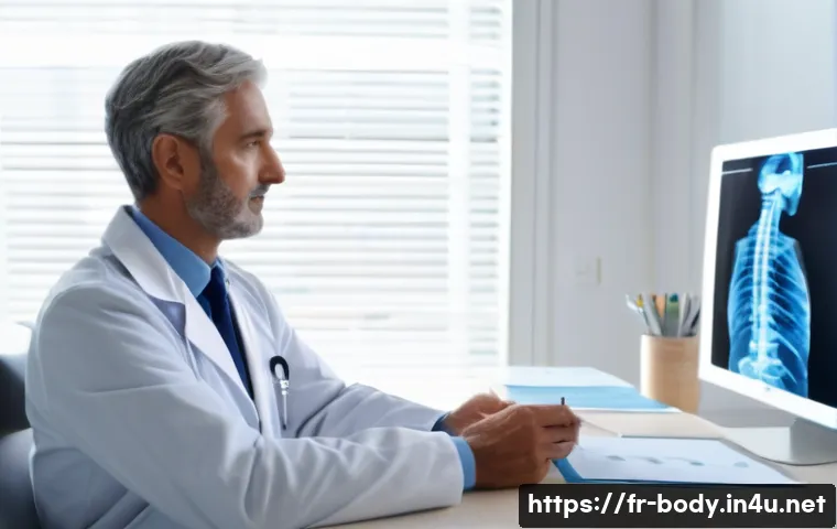 목 통증 보험 적용 치료법 - A detailed medical consultation scene in a modern French general practitioner's office, showing a mi...