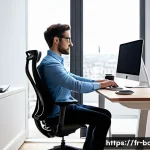 손목 통증을 줄이는 생활 습관 - A modern ergonomic office setup with a French professional working at a sleek desk in Paris, featuri...