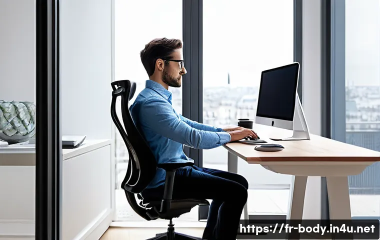 손목 통증을 줄이는 생활 습관 - A modern ergonomic office setup with a French professional working at a sleek desk in Paris, featuri...