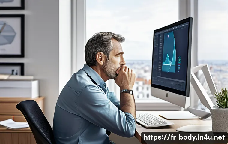 목 디스크 초기 증상 - A detailed medical illustration of a middle-aged French man sitting at an ergonomic office desk with...