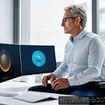 허리 통증 최신 치료 기술 - A modern office scene featuring a middle-aged French man sitting at a sleek ergonomic desk chair equ...