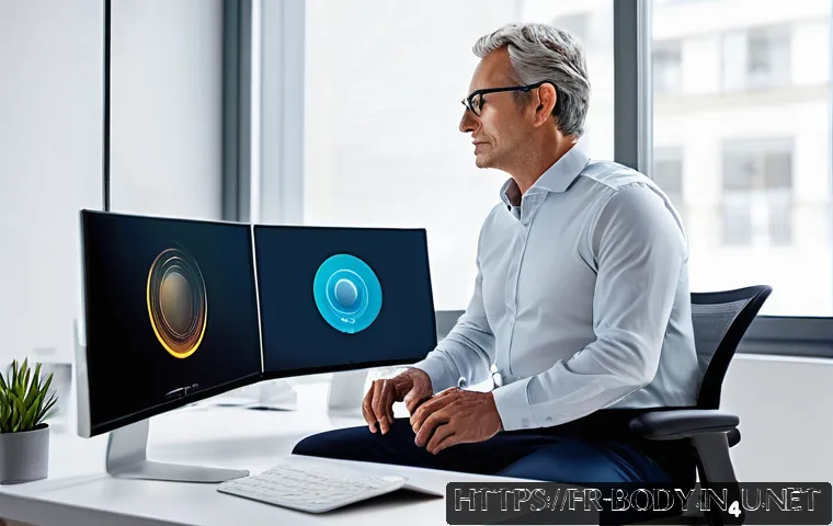 허리 통증 최신 치료 기술 - A modern office scene featuring a middle-aged French man sitting at a sleek ergonomic desk chair equ...