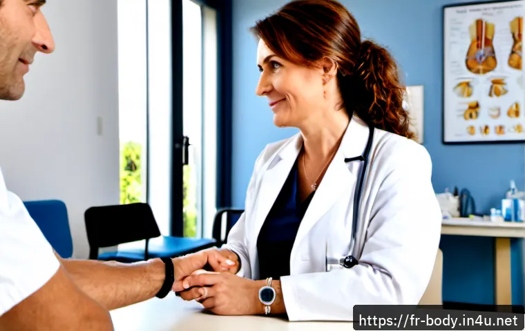 Home 17 손목터널증후군 수술 병원 추천 - Photorealistic French hospital consultation, a middle-aged woman with wrist discomfort speaking with...