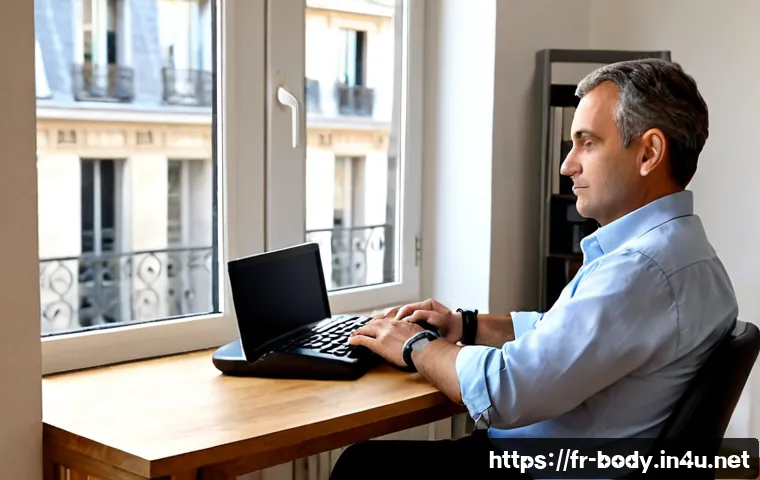 손목터널증후군 예방 방법 - Photorealistic ergonomic home-office scene in France, a middle-aged adult seated upright at a clean ...